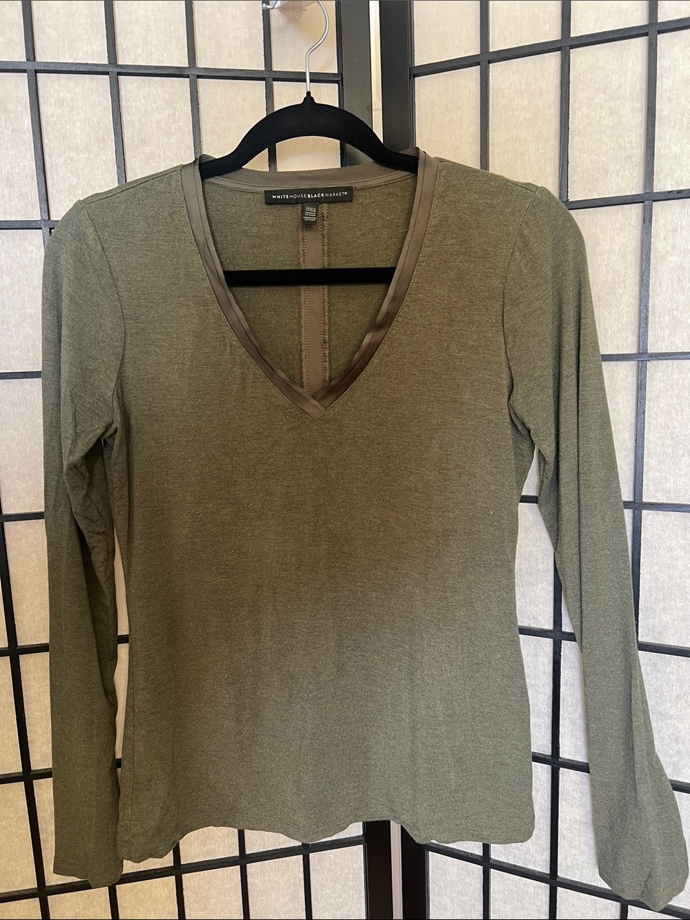 White House Black Market Olive V-Neck Long Sleeve Top with Trim